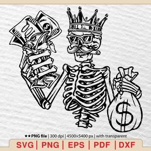 Skeleton holding dollar bills SVG, Skull King svg, Skeleton holding money svg, Money svg, Dollar svg, Bearded Skull king svg [EP-506]