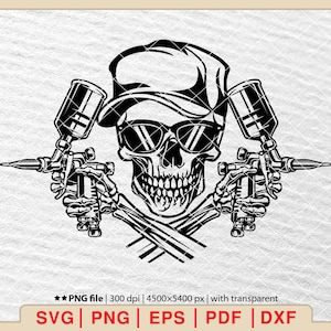 May include: Black and white illustration of a skull wearing a baseball cap and sunglasses, holding two paint spray guns crossed in front of it.