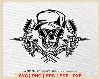 Skull Tattoo SVG, Tattoo Machine svg, Tattoo Studio svg, Crossed Tattoo Machine svg, Skeleton Hand With Tattoo Gun svg [EP-548]