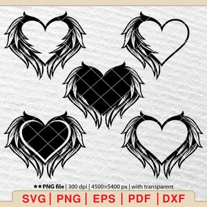 May include: A collection of five black and white heart designs with stylized feather wings. The hearts have different interior designs, including solid black, a grid pattern, and open outlines. The image includes file type information: SVG, PNG, EPS, PDF, and DXF.