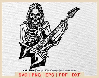 Guitariste squelette SVG, guitare SVG, Rocker Play SVG, musique rock SVG, musique rock and roll SVG, musique crâne SVG, guitare crâne SVG [EP-476]