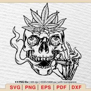 May include: Black and white illustration of a skull with a marijuana leaf on its head, smoking a joint.