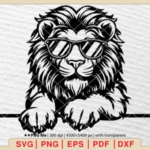 サングラスをかけた覗くライオン SVG、ライオン SVG、ライオン クリップアート、ライオン PNG、ライオンの頭、覗くライオン SVG、サングラスをかけた動物 [EP-597]