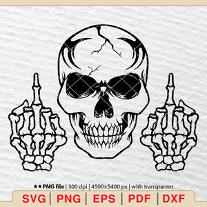 May include: Black and white illustration of a skull with two skeletal hands giving the middle finger.