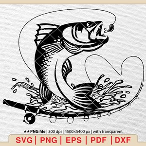 May include: Black and white silhouette of a fish jumping out of the water with a fishing rod and line. The fish is in mid-air with its mouth open and its tail splashing water.