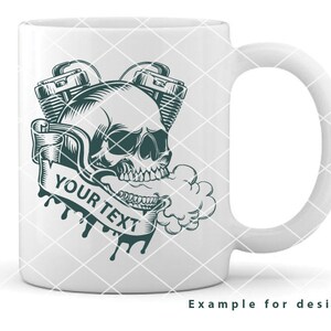 May include: White ceramic mug featuring a green skull and engine design. The skull has a banner that reads "YOUR TEXT".