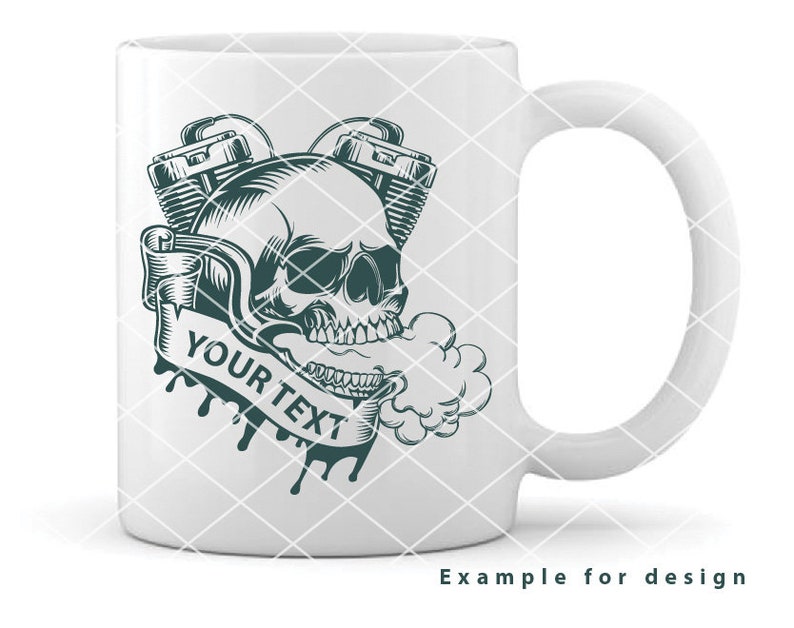 May include: White ceramic mug featuring a green skull and engine design. The skull has a banner that reads "YOUR TEXT".