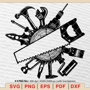 Puede incluir: Silueta en blanco y negro de varias herramientas dispuestas en círculo alrededor de una hoja de sierra. Las herramientas incluyen un martillo, una llave, un taladro, alicates, un pincel y un rodillo de pintura.