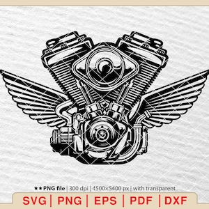 May include: Black and white vector illustration of a motorcycle engine with wings. The engine is detailed with pistons, valves, and a crankshaft. The wings are stylized and have a feathered design.
