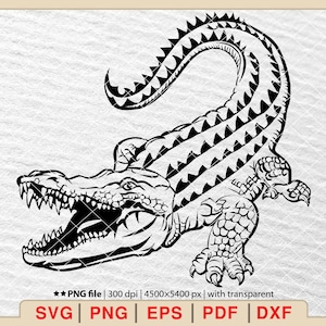 May include: Black and white line art illustration of an alligator with its mouth open, showing its teeth. The alligator is in a curled position with its tail raised.