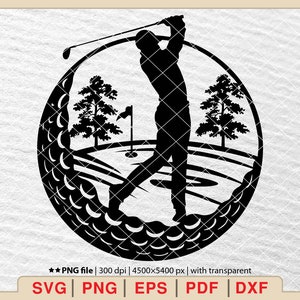 May include: Black and white silhouette of a golfer swinging a club on a golf course. The golfer is surrounded by a circle of golf balls.