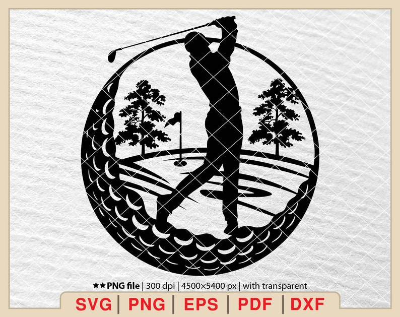 May include: Black and white silhouette of a golfer swinging a club on a golf course. The golfer is surrounded by a circle of golf balls.