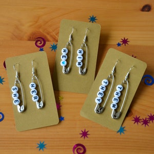 Pronoun Safety Pin Earrings | She/Her | He/Him | They/Them | LGBTQ | Statement Earrings | Dangle Earrings | Drop Earrings | Quirky