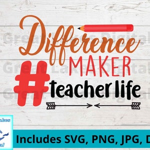 Puede incluir: Texto gráfico rojo, negro y naranja sobre un fondo de madera blanco. El texto dice "Difference Maker #teacherlife". Un lápiz rojo está sobre el texto.
