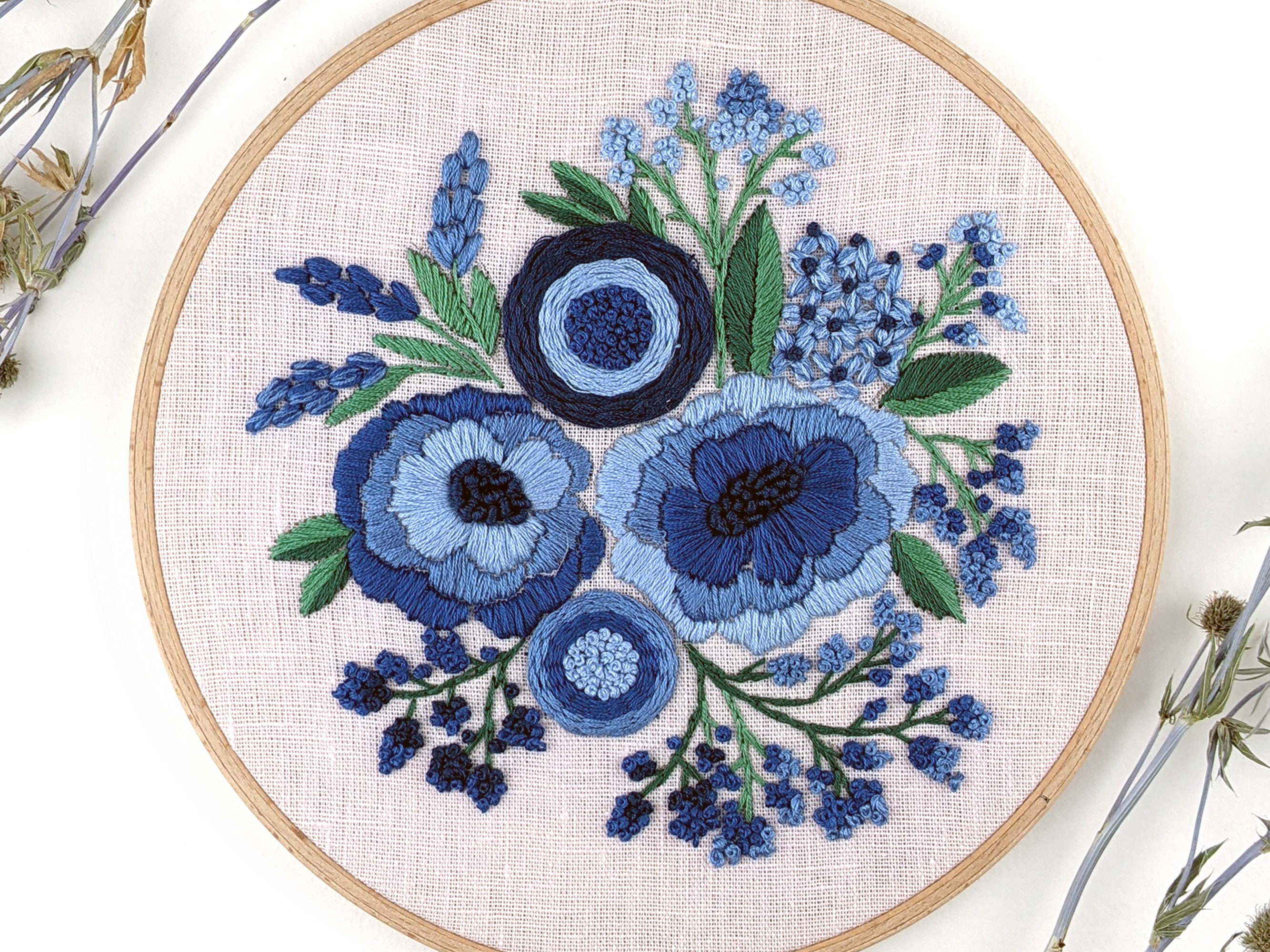 Blue Flowers Embroidery Pattern + Video Tutorial, Flower Embroidery Pdf ...