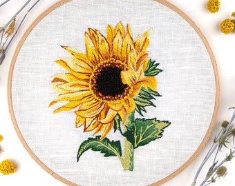 Sunflower embroidery hoop art, Finished embroidery nature inspired floral wall art