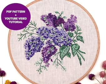 Lilac embroidery pattern + video tutorial, Flower embroidery pdf pattern, French knot botanical embroidery 8 inch hoop art