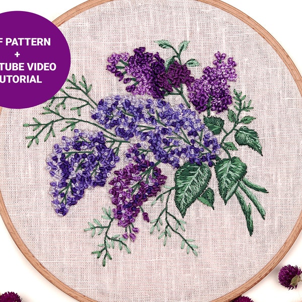 Lilac embroidery pattern + video tutorial, Flower embroidery pdf pattern, French knot botanical embroidery 8 inch hoop art