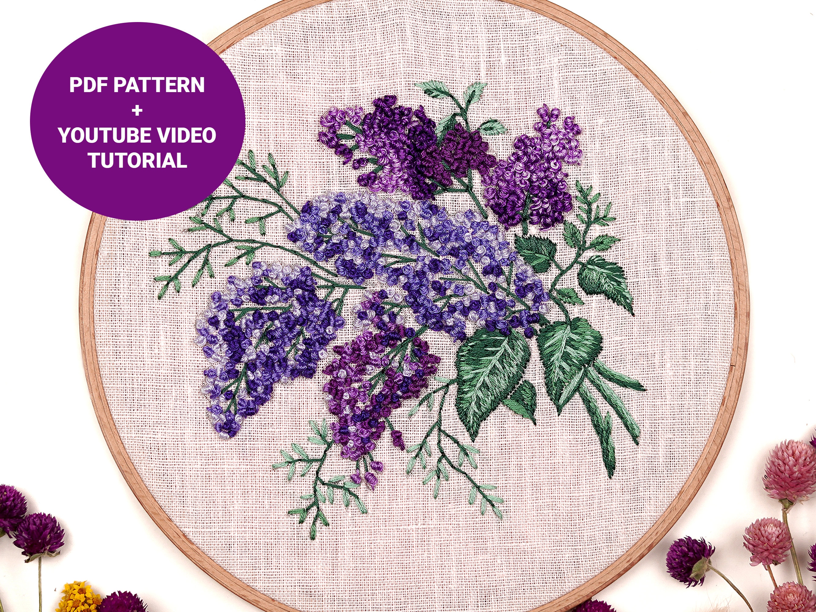 Lilac Embroidery Pattern Video Tutorial Flower Embroidery Etsy Australia