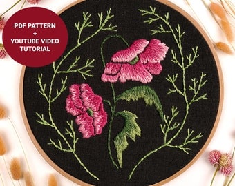 Pink poppies embroidery pattern + video tutorial, Flower embroidery pdf pattern, Digital download diy craft kit for beginner