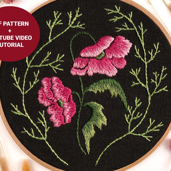 Pink poppies embroidery pattern + video tutorial, Flower embroidery pdf pattern, Digital download diy craft kit for beginner