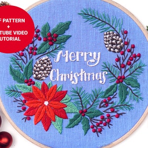 Christmas poinsettia flower embroidery pattern + video tutorial, Christmas embroidery pdf pattern, Digital download Christmas gift idea