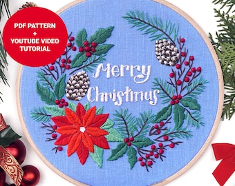 Christmas poinsettia flower embroidery pattern + video tutorial, Christmas embroidery pdf pattern, Digital download Christmas gift idea