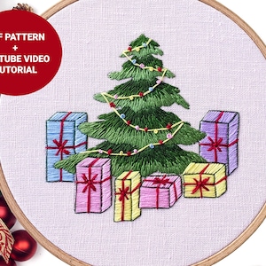 Christmas tree with presents embroidery pattern + video tutorial, Сolorful presents under the Christmas tree PDF pattern digital download