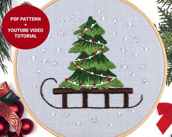 Christmas tree embroidery pattern + video tutorial, Pine tree on a sled embroidery PDF pattern, DIY Christmas embroidery digital download