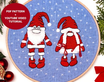 Christmas gnomes embroidery pattern + video tutorial, Funny red gnomes ornament PDF pattern, Easy winter Xmas gnome design