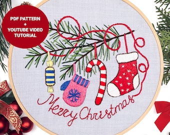 Christmas tree branch embroidery pattern + video tutorial, Merry Christmas pine branch embroidery pdf pattern for 7 inches hoop gift idea