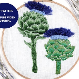 Green artichoke embroidery pattern + video tutorial, Vegetable plant embroidery pdf pattern digital download