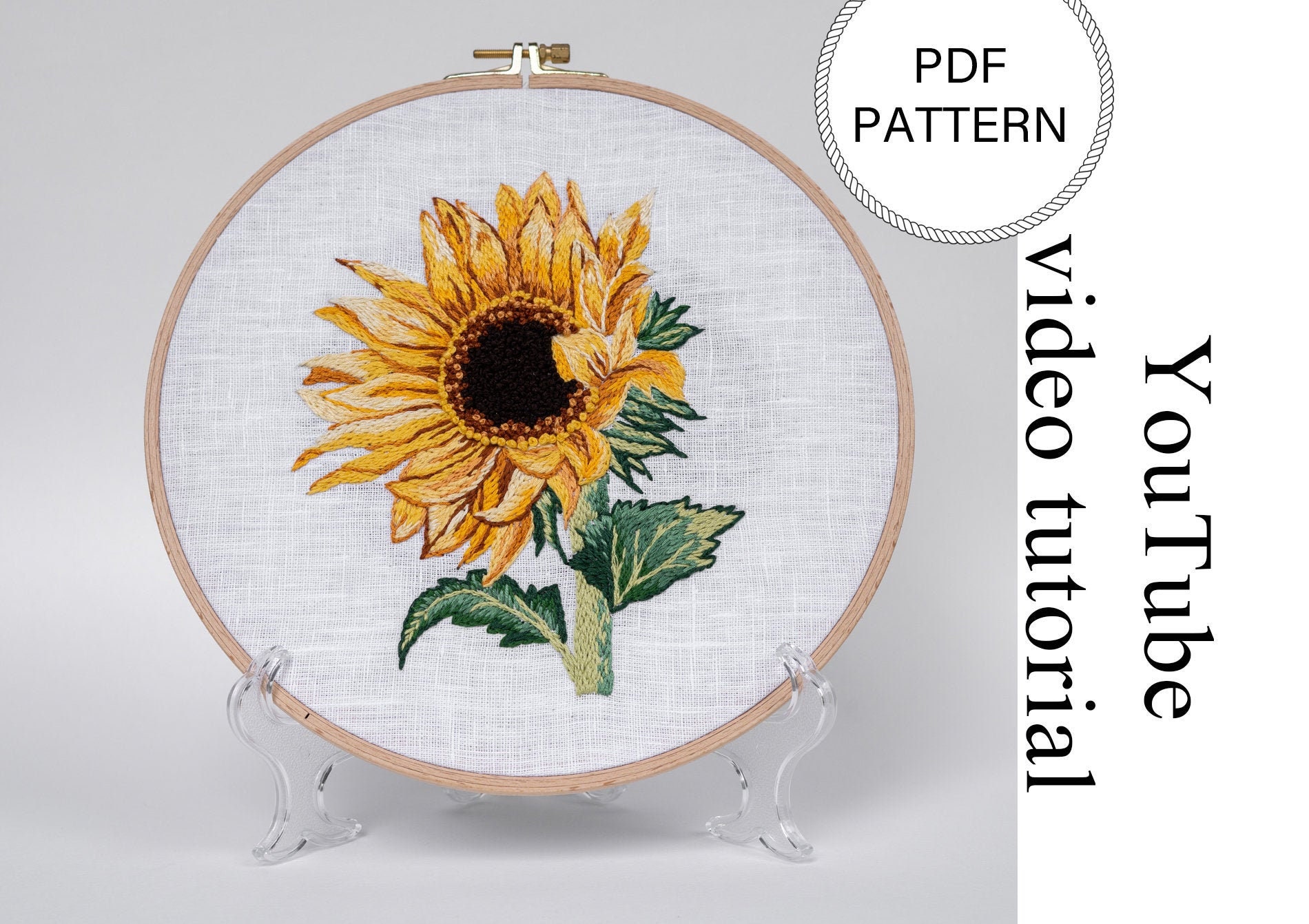 Sunflower embroidery pattern video tutorial. Digital Etsy