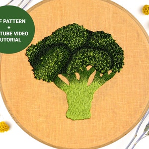 Broccoli embroidery pattern + video tutorial, Vegetable embroidery pdf pattern digital download, Plant embroidery french knot diy