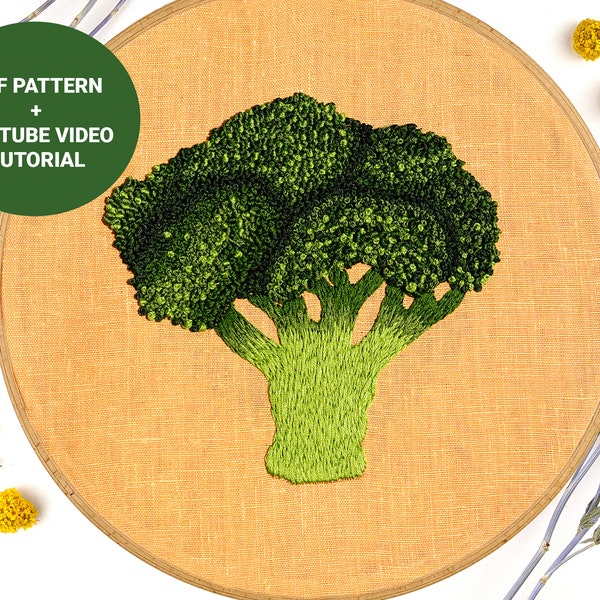 Broccoli embroidery pattern + video tutorial, Vegetable embroidery pdf pattern digital download, Plant embroidery french knot diy