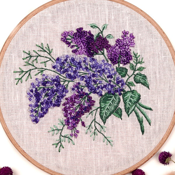 Lilac embroidery hoop art, Finished embroidery wall art, Flower embroidery french knot floral wall art