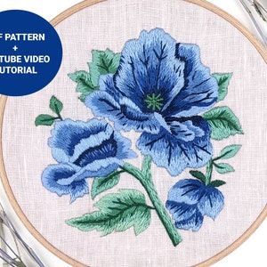Blue roses embroidery pattern + video tutorial, Floral embroidery pdf pattern digital download wall art