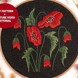 Red poppy embroidery pattern + video tutorial, Flower embroidery pdf pattern, Spring embroidery design digital download
