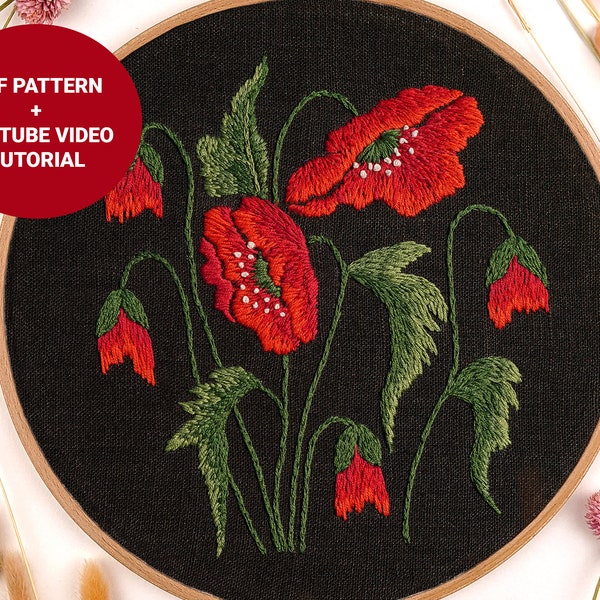 Red poppy embroidery pattern + video tutorial, Flower embroidery pdf pattern, Spring embroidery design digital download