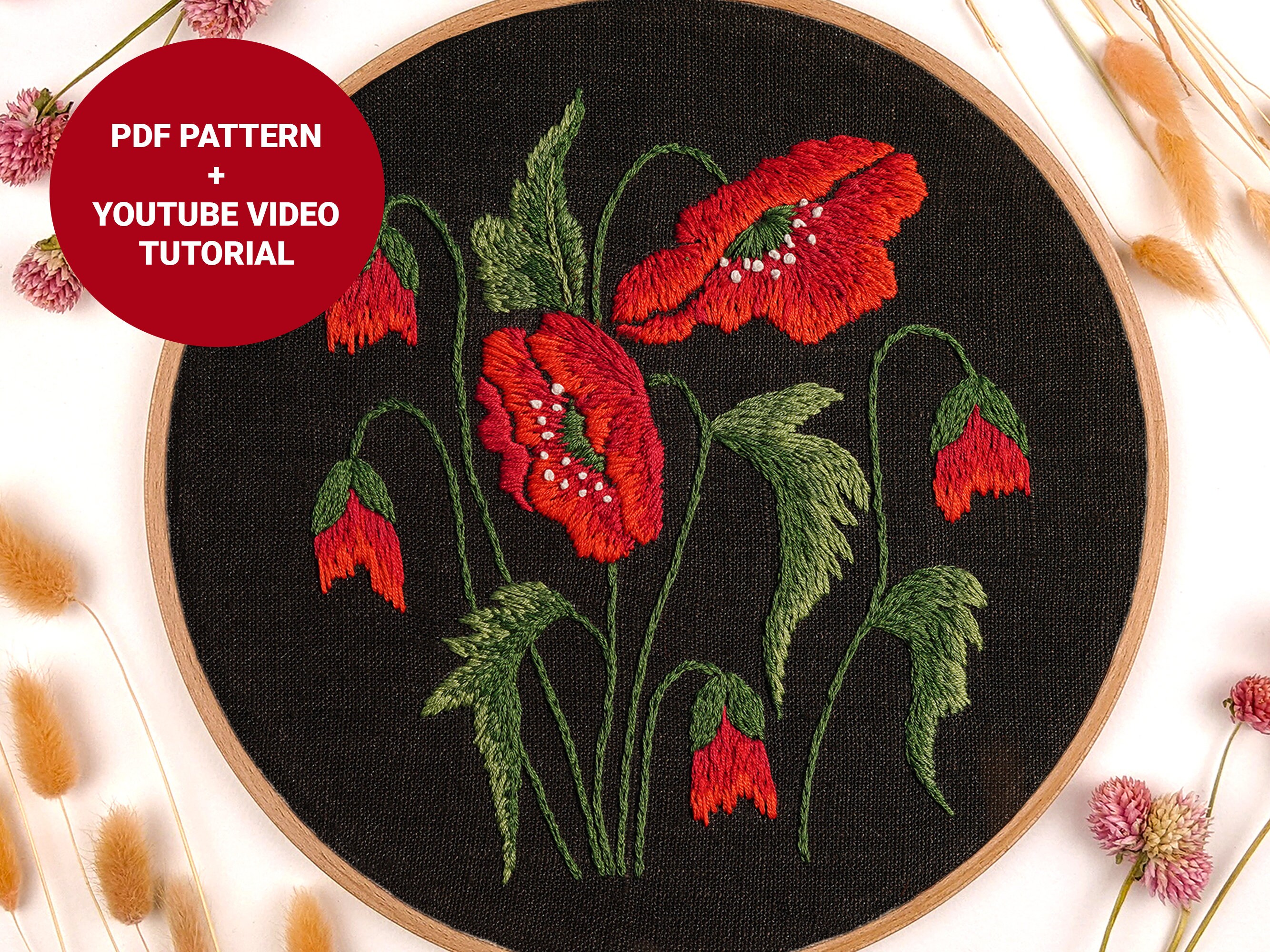 Red Poppy Embroidery Pattern + Video Tutorial, Flower