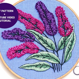 Lilac bouquet embroidery pattern + video tutorial, Floral embroidery pdf pattern digital download, Lilac flowers french knot 8 inch hoop art