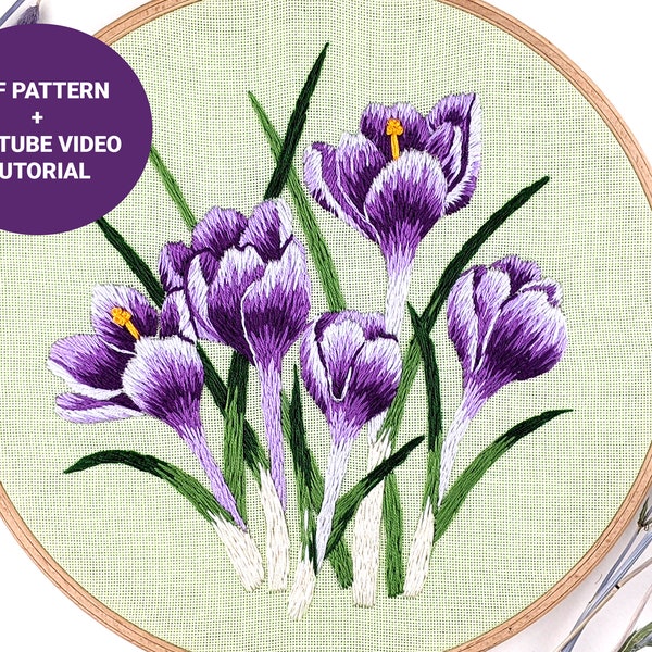 Violet crocus embroidery pattern + video tutorial, Flower embroidery design PDF pattern, Spring embroidery ornament digital pattern