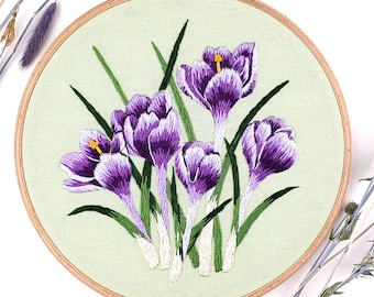 Violet crocuses embroidered hoop art, Violet flowers in the hoop DIY embroidery art, Finished embroidery floral wall hanging decor