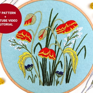 Modello ricamo papavero prato di fiori selvatici + tutorial vedeo, modello PDF ricamo floreale primaverile ed estivo, modello botanico 8 pollici