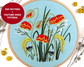 Wildflower meadow poppy embroidery pattern + vedeo tutorial, Spring and summer floral embroidery PDF pattern, Botanical pattern 8 inches