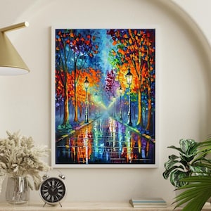 Regnerischer Herbstwald Weg Kunst | Impressionistische Herbstlandschaft Printable | Digitaler Download