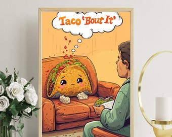 Funny Taco Therapy Art Print: Retro Food Decor (Digital Download)