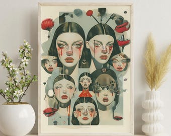 Surreal Portrait Art Print | Abstract Faces Illustration | Modern Wall Art | Edgy Digital Download