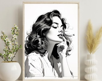 Chic Minimalist Woman Portrait | Monochrome Poster for Elegant Home Decor | Digital Art Print