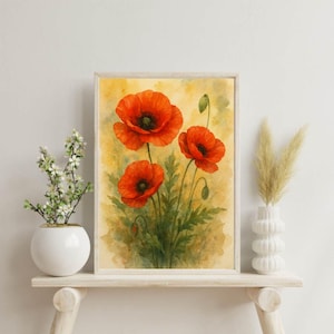 Red Poppies Watercolor Print: Floral Botanical Wall Art (Digital Download)